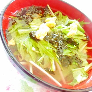 昆布出汁de❤水菜と炒り卵と韓国海苔のスープ❤
